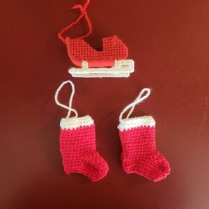 Vintage Handmade Crochet Knit Stockings And Sleigh Christmas Ornaments